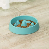 PetHaven.comPet Slow Food BowlPet Slow Food BowlMaterial: PP
 
 Color: off-white, blue
 
 Various shapes of mountains in the food plate, scientific separation design
 
 Unable to contact food in a large area at on0