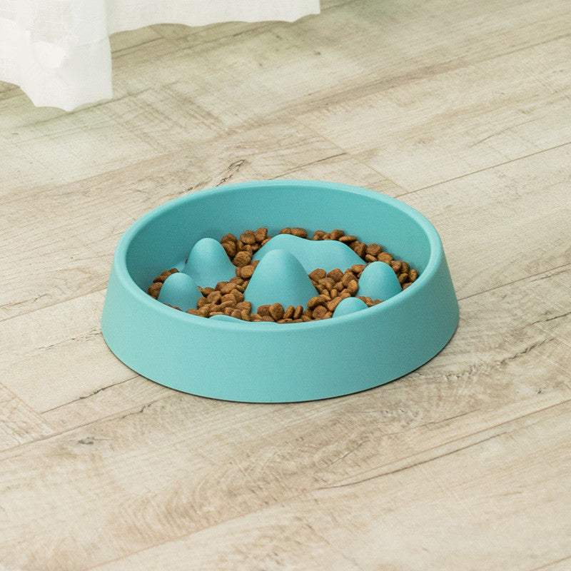 PetHaven.comPet Slow Food BowlPet Slow Food BowlMaterial: PP
 
 Color: off-white, blue
 
 Various shapes of mountains in the food plate, scientific separation design
 
 Unable to contact food in a large area at on0