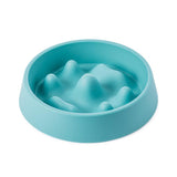PetHaven.comPet Slow Food BowlPet Slow Food BowlMaterial: PP
 
 Color: off-white, blue
 
 Various shapes of mountains in the food plate, scientific separation design
 
 Unable to contact food in a large area at on0