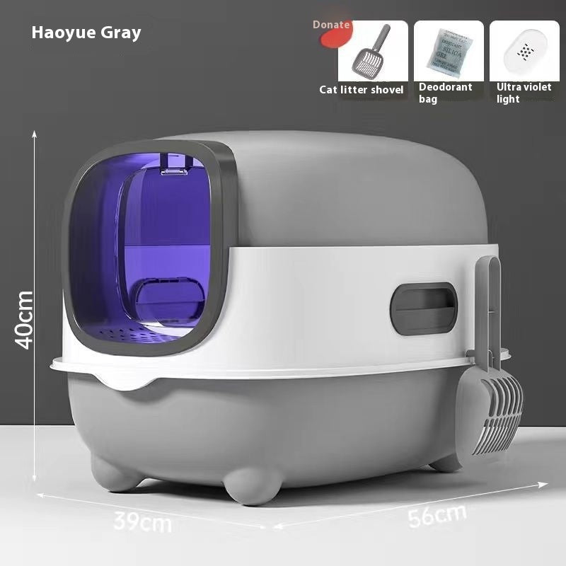 PetHaven.comLitter Box Fully Enclosed Oversized UV SterilizationLitter Box Fully Enclosed Oversized UV SterilizationProduct information:
 
 Specification: Large cat litter box
 
 Target audience: Cats
 
 Material: PP
 
 Colors: Starry Sky Grey Basic Deodorization, Roland Purple BaLitter box