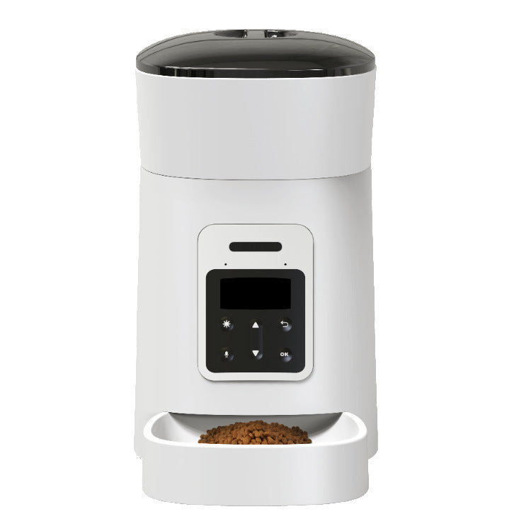 PetHaven.comPet feeder automaticPet feeder automaticMaterial: ABS
 
 Colors: White, Black
 
 Applicable pets: general
 
 Applicable scene: family
 
 Capacity: 4L
 
 Features: visible transparent top cover, separate gr0