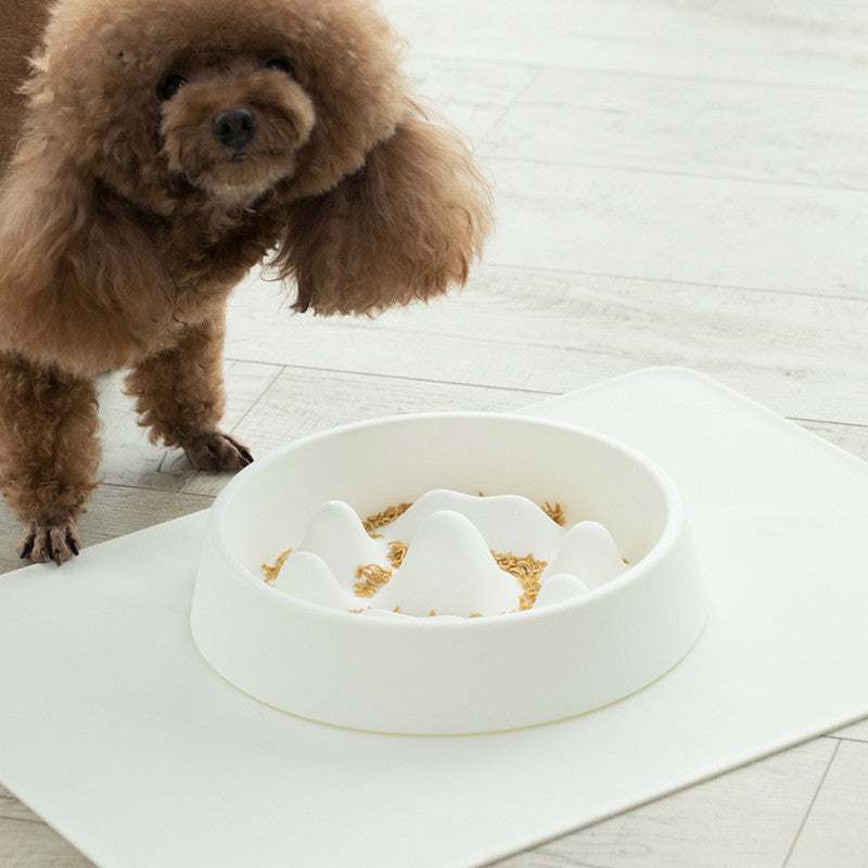 PetHaven.comPet Slow Food BowlPet Slow Food BowlMaterial: PP
 
 Color: off-white, blue
 
 Various shapes of mountains in the food plate, scientific separation design
 
 Unable to contact food in a large area at on0