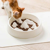 PetHaven.comPet Slow Food BowlPet Slow Food BowlMaterial: PP
 
 Color: off-white, blue
 
 Various shapes of mountains in the food plate, scientific separation design
 
 Unable to contact food in a large area at on0