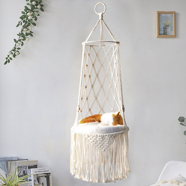 PetHaven.comMacramé Hanging Pet Bed Cat HammockMacramé Hanging Pet Bed Cat HammockMacramé Hanging Pet Bed Cat HammockGive your furry friend the comfort they deserve with this elegant Macramé Hanging Pet Bed Cat Hammock. Handcrafted with durable coaccessories