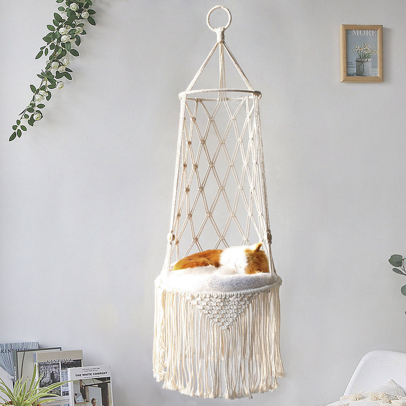 PetHaven.comMacramé Hanging Pet Bed Cat HammockMacramé Hanging Pet Bed Cat HammockMacramé Hanging Pet Bed Cat HammockGive your furry friend the comfort they deserve with this elegant Macramé Hanging Pet Bed Cat Hammock. Handcrafted with durable coaccessories