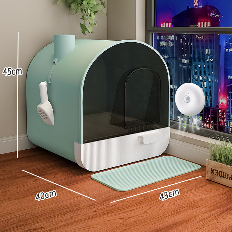 PetHaven.comToilet Cat Litter Box Closed Type Odor IsolationToilet Cat Litter Box Closed Type Odor IsolationProduct Details:
 
 Material: PVC
 
 Pattern: plain
 
 Type: cat litter box
 
 Shape:
 
 1 Style: [Smoke and Rain Ash] Fully enclosed bamboo charcoal deodorant cat wLitter box
