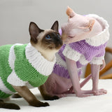 PetHaven.comHairless Cat Warm Sweater Pet Cat ClothesHairless Cat Warm Sweater Pet Cat ClothesProduct information:


 Material: Wool
 
 Product category: sweater
 
 Applicable gender: general
 
 Color: light green stripes-handmade sweaters, light purple strip0