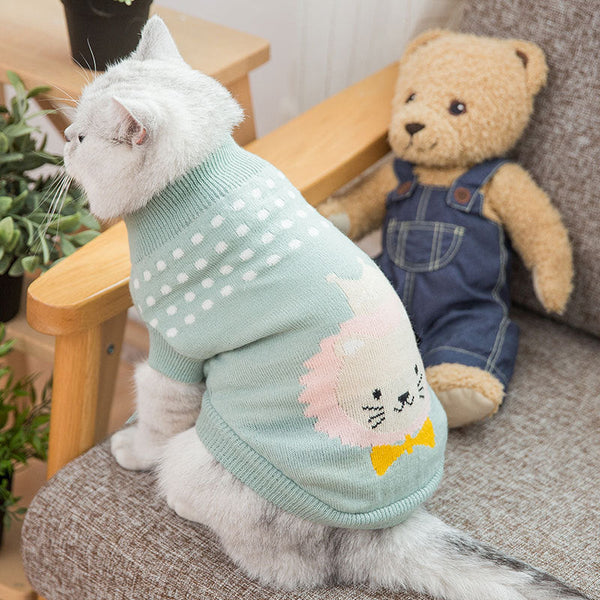 PetHaven.comDog clothesCat,Dog Sweatermaterial: Wool
 
 Product category: Sweater
 
 Applicable gender: universal
 
 Color: yellow cat, green lion, pink rabbit, red puppy, blue panda, yellow lion, gray p0