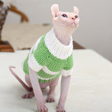 PetHaven.comHairless Cat Warm Sweater Pet Cat ClothesHairless Cat Warm Sweater Pet Cat ClothesProduct information:


 Material: Wool
 
 Product category: sweater
 
 Applicable gender: general
 
 Color: light green stripes-handmade sweaters, light purple strip0