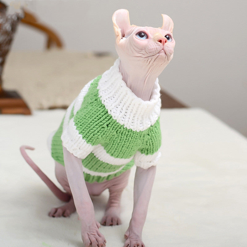 PetHaven.comHairless Cat Warm Sweater Pet Cat ClothesHairless Cat Warm Sweater Pet Cat ClothesProduct information:


 Material: Wool
 
 Product category: sweater
 
 Applicable gender: general
 
 Color: light green stripes-handmade sweaters, light purple strip0