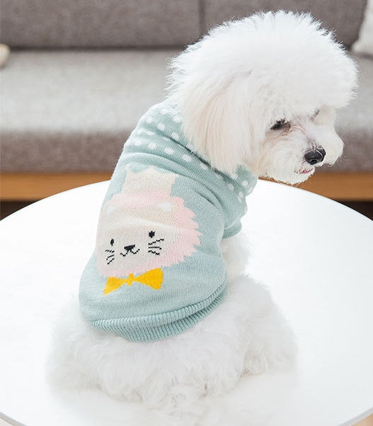 PetHaven.comDog clothesCat,Dog Sweatermaterial: Wool
 
 Product category: Sweater
 
 Applicable gender: universal
 
 Color: yellow cat, green lion, pink rabbit, red puppy, blue panda, yellow lion, gray p0