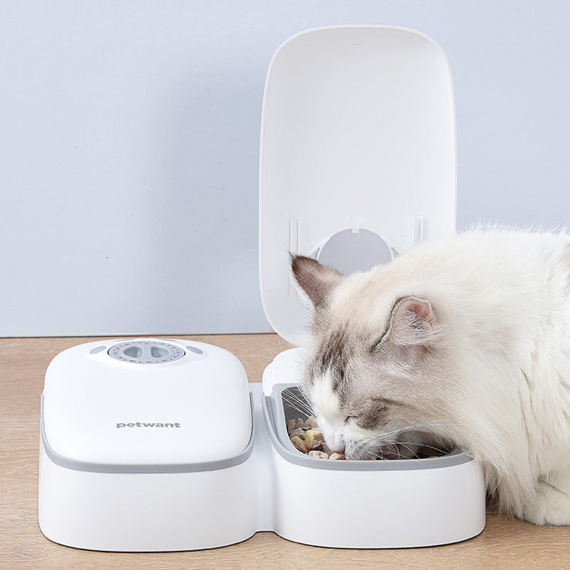PetHaven.comPet Automatic Timing Feeder PuppyPet Automatic Timing Feeder PuppyProduct information:
 
 Material: Plastic
 
 Applicable object: Cat
 
 Specification: full double meal feeder/light gray
 
 Category: Pet tableware.
 
 Size: 242X2840