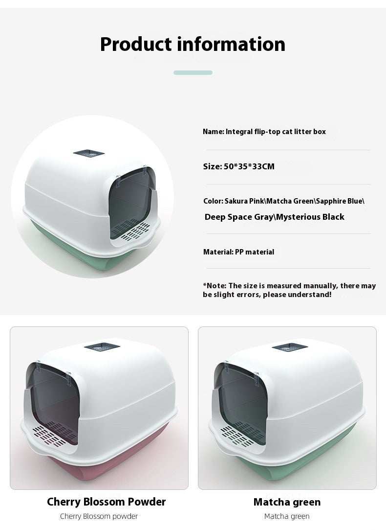 PetHaven.comLitter Box Fully Enclosed Cat ToiletLitter Box Fully Enclosed Cat ToiletProduct information:


 Size: 50 * 35 * 33cm
 
 Color: Sakura Pink, Sapphire Blue Deep Sky Grey
 
 Material: PP material
 
 

Packing list: 

Cat litter box x 1pc 

Litter box
