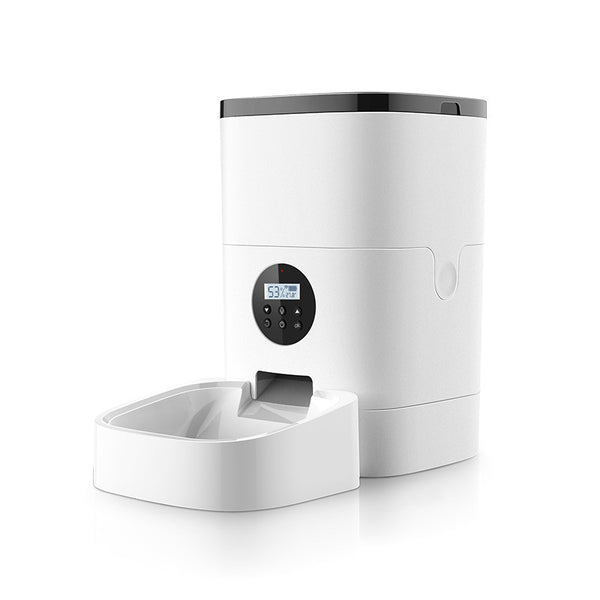 PetHaven.comPet automatic feederPet automatic feedercolor: White
 
 Capacity: 6.0L
 
 Material: food grade ABS
 
 Dry food size: 2-12mm (diameter)
 
 Suitable for: cats and dogs of various sizes
 
 Dual power supply: 0