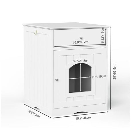 PetHaven.comWooden Pet HouseWooden Pet HouseProduct Information

 
 
 Product Type
 Cat Litter Box Enclosure
 
 
 Color
 White
 
 
 Material
 MDF
 
 
 Product Size
 18.9\' W x 20.9\' D x 25\' H
 
 
 Top WeightLitter box