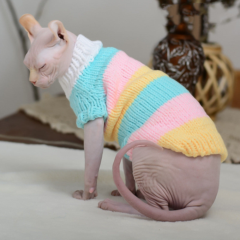 PetHaven.comHairless Cat Warm Sweater Pet Cat ClothesHairless Cat Warm Sweater Pet Cat ClothesProduct information:


 Material: Wool
 
 Product category: sweater
 
 Applicable gender: general
 
 Color: light green stripes-handmade sweaters, light purple strip0