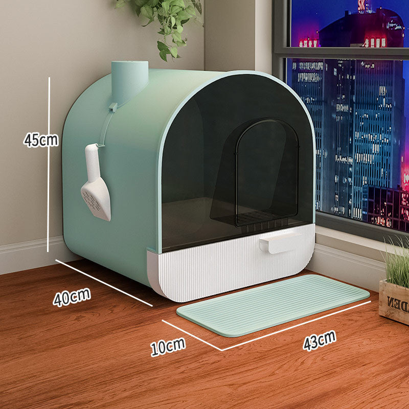 PetHaven.comToilet Cat Litter Box Closed Type Odor IsolationToilet Cat Litter Box Closed Type Odor IsolationProduct Details:
 
 Material: PVC
 
 Pattern: plain
 
 Type: cat litter box
 
 Shape:
 
 1 Style: [Smoke and Rain Ash] Fully enclosed bamboo charcoal deodorant cat wLitter box