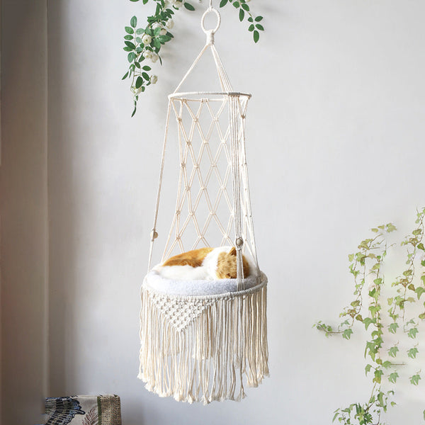 PetHaven.comMacramé Hanging Pet Bed Cat HammockMacramé Hanging Pet Bed Cat HammockMacramé Hanging Pet Bed Cat HammockGive your furry friend the comfort they deserve with this elegant Macramé Hanging Pet Bed Cat Hammock. Handcrafted with durable coaccessories